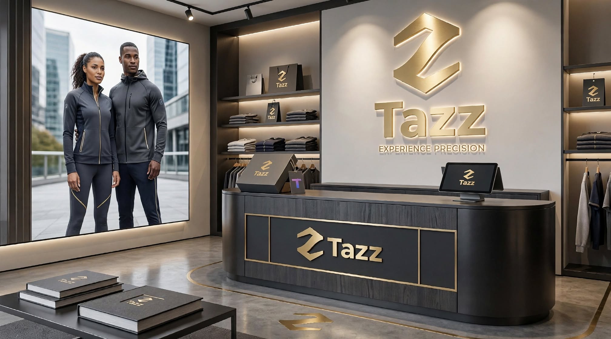 Tazz brand studio concept with black-and-gold signage and apparel displays