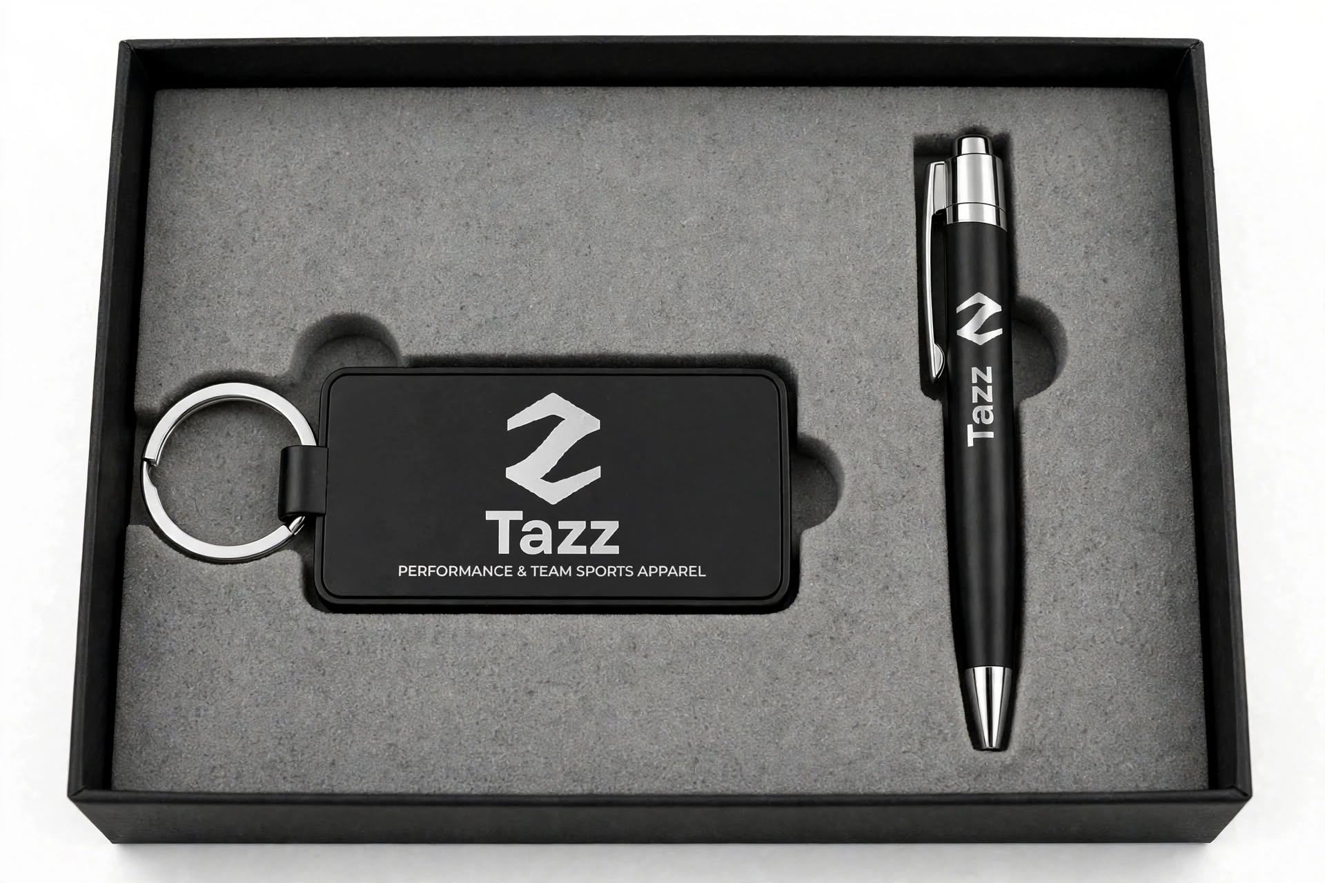 Tazz branded pen and keyring in a presentation box