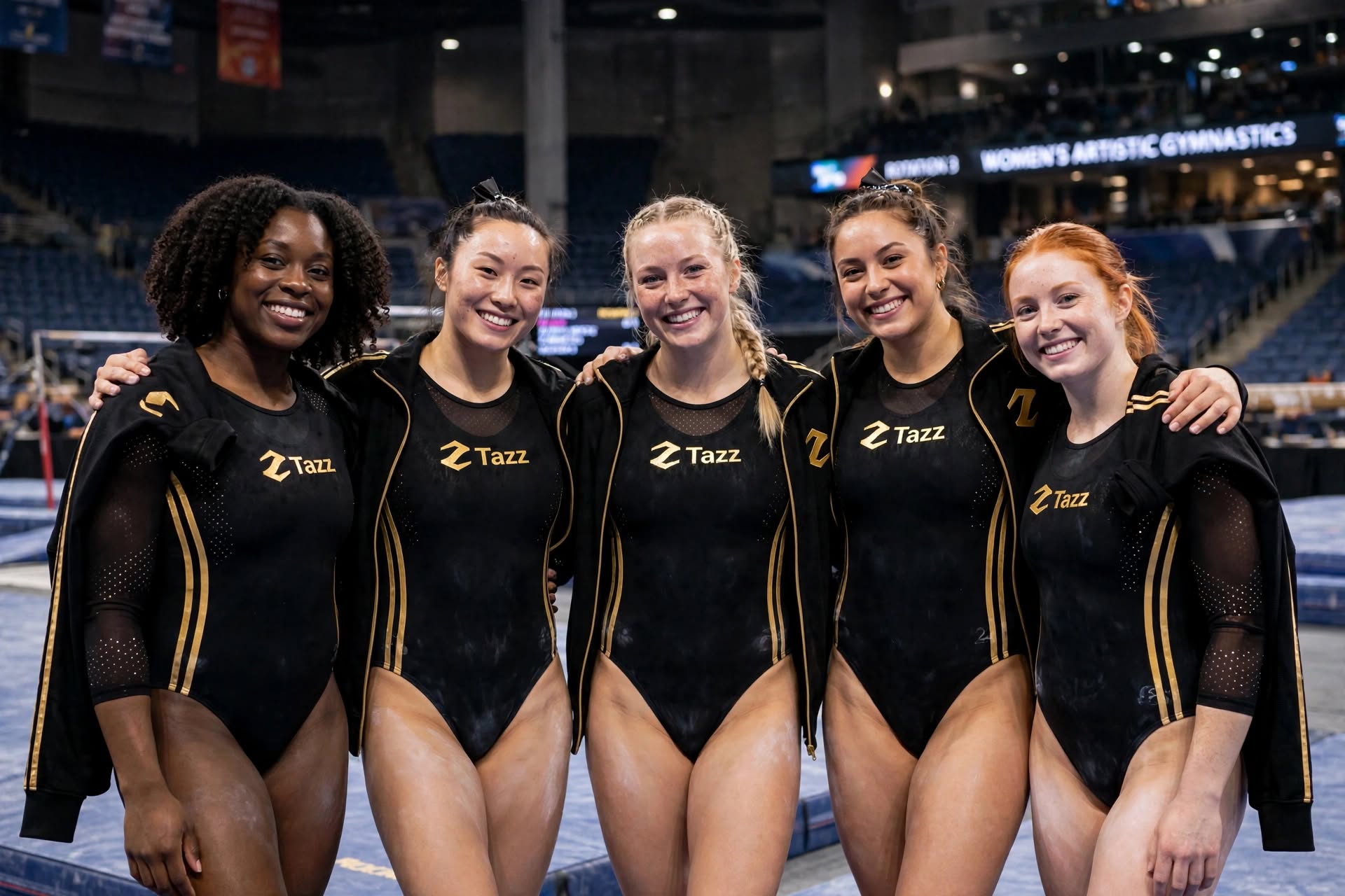 Gymnastics team together in coordinated black-and-gold leotards