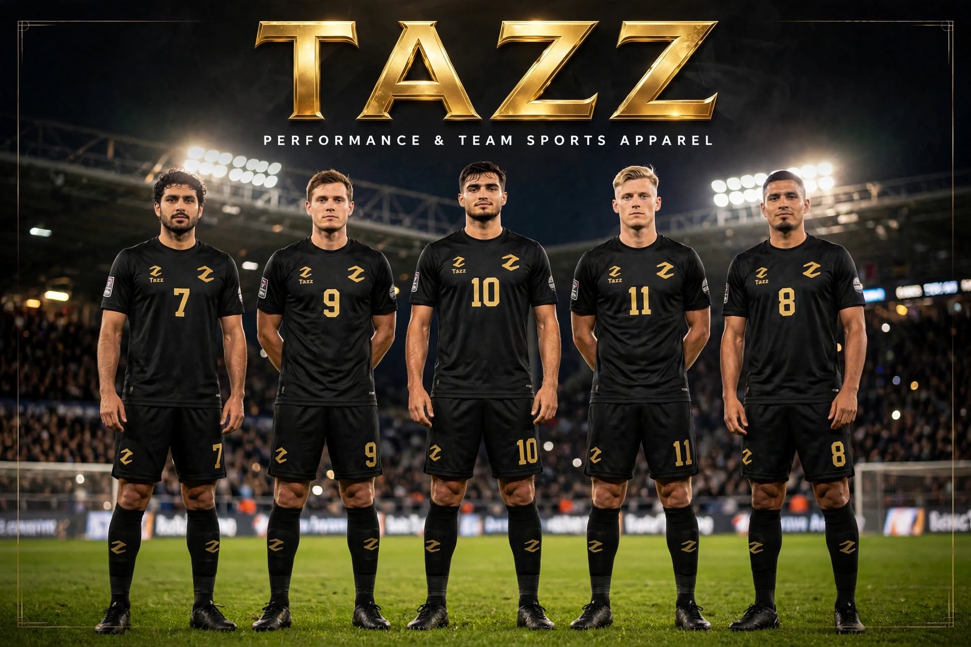 Tazz team wearing coordinated black-and-gold football kits in a floodlit stadium