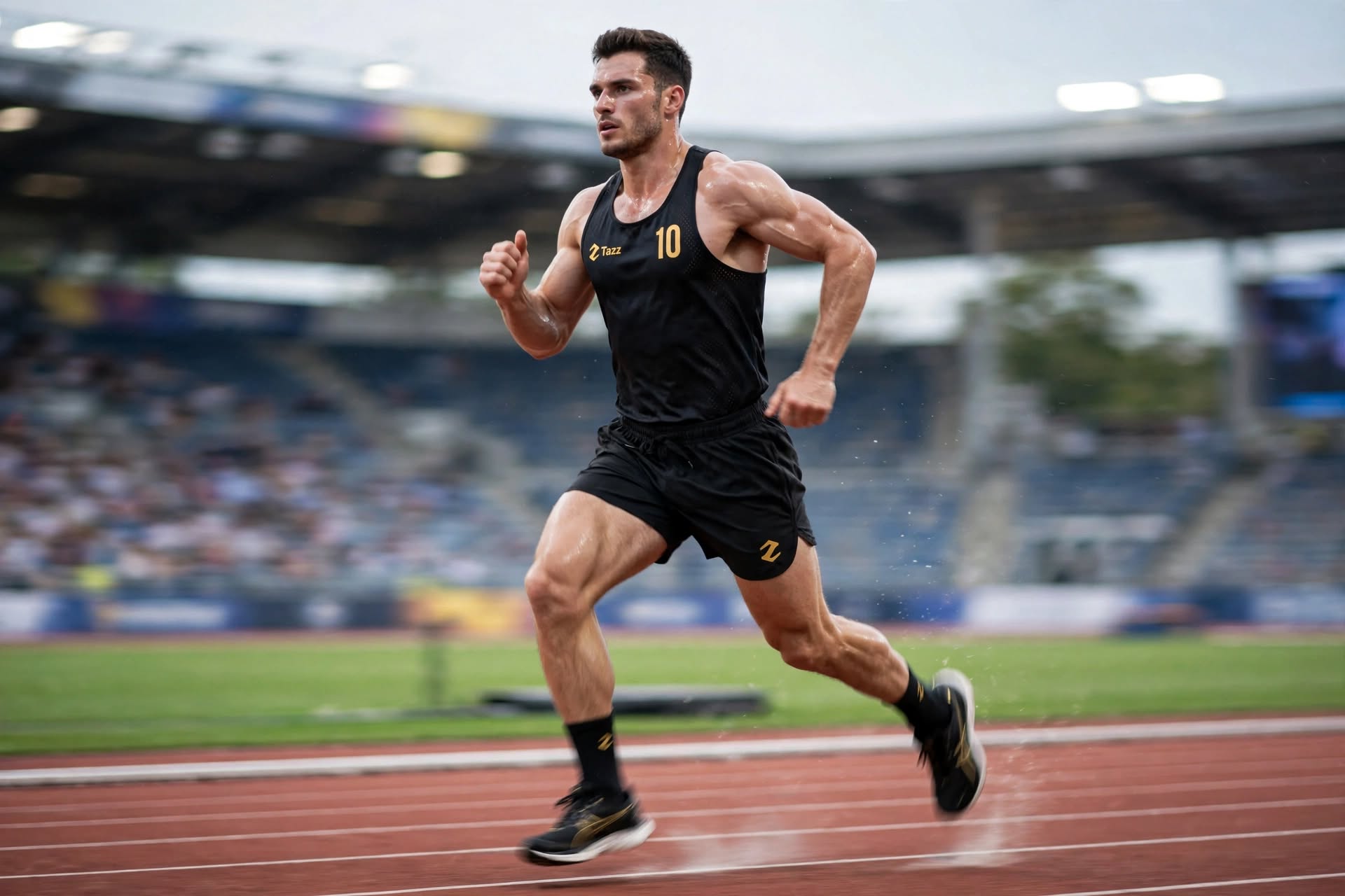 A Tazz athlete sprinting on a stadium track